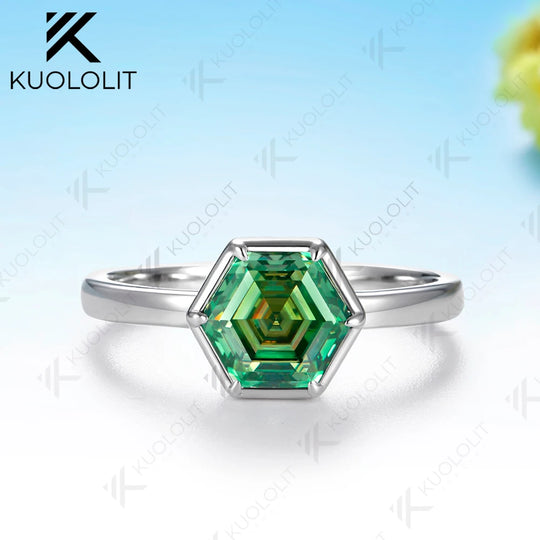 Kuololit 1.5CT Cyan Moissanite Hexagon Ring for Women Solid 14K 10K585 Yellow Gold Engagement Ring for Christmas Gift Party