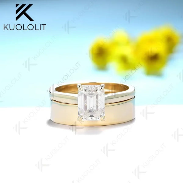 Kuololit 2ct Emerald Cut Ring Moissanite D/VVS1 Set Ring for Women Solid PT950 14K 10K Yellow Gold Luxury Wedding Christmas