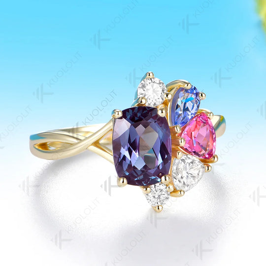 Kuololit Lab Grown Alexandrite Gemstone Custom Ring for Women Solid 14K 10K 585 Yellow Gold Engagement Ring for Christmas Gift