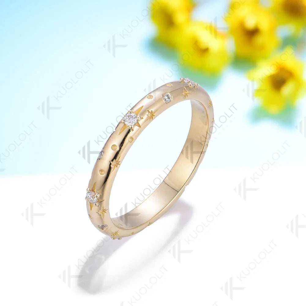 Kuololit Starburst Moissanite Band Rings for Women Men Solid 18K 14K 10K  Yellow Gold for Anniversary Engagement Gifts