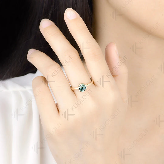 Kuololit 0.8CT Cyan Moissanite Round Ring for Women Solid 14K 10K 585 Yellow Gold Engagement Ring for Christmas Gift Party