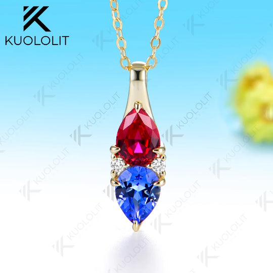 Kuololit 2.5CTW Lab Grown Ruby Sapphire Custom Necklace for Women Solid 585 14K 10K Yellow Gold Necklace for Christmas Gifts