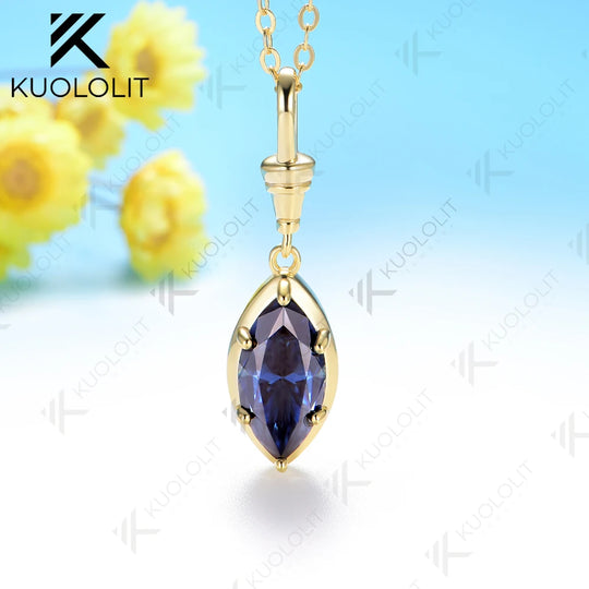 Kuololit 2CT Blue Cyan Moissanite Marquise Necklace for Women 14K 10K 925Sliver Yellow Gold Pendant with Chain for Party Classic Gift