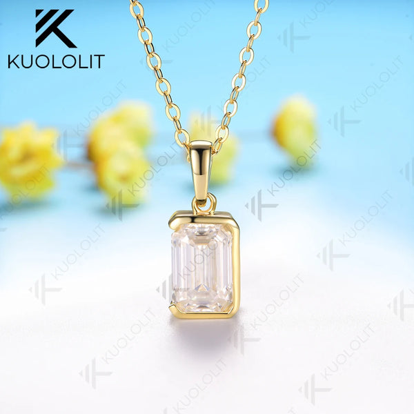 Kuololit 2.5CTW Emerald Moissanite Necklaces for Women Solid 18K 14K 10K 585 Yellow Gold Half Bezel Set Earriings for Christmas