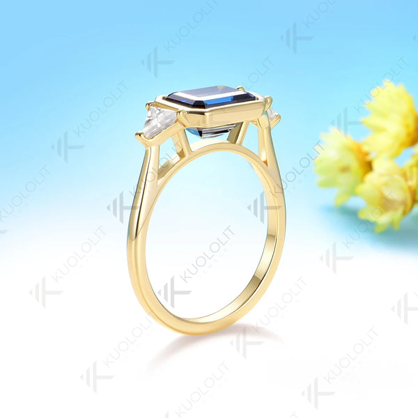 Kuololit 3CT Gray Blue Moissanite Ring for Women Solid14K10K 585 White Gold Emerald Cut Engagement Ring for Christmas Gift Party