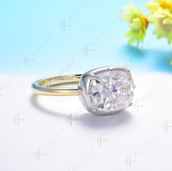 Kuololit 5CT Cushion Cut Moissanite Ring for Women Solid 18K 14K 10K Yellow Gold Two Tone Ring for Anniversary Engagement Gifts