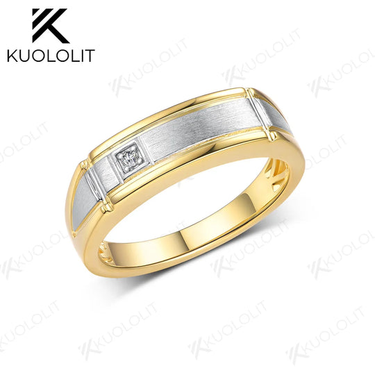 Kuololit Lab Diamond Brushed Band for Men Women Solid  14K10K Two Tone Gold Ring 925 Sliver Round Cut For Wedding Christmas Gift