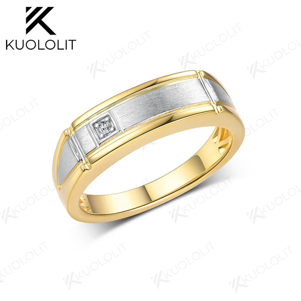 Kuololit Lab Diamond Brushed Band for Men Women Solid  14K10K Two Tone Gold Ring 925 Sliver Round Cut For Wedding Christmas Gift