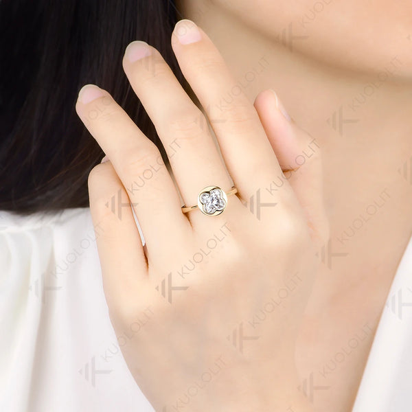 Kuololit 1.5CT Four Leaf Clover Moissanite Engagement Ring for Women Solid 14K 585 Yellow Gold Lucky for Christmas Party