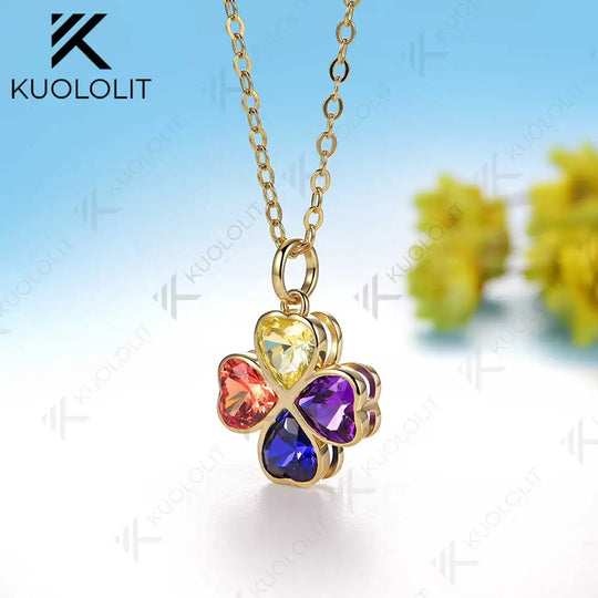 Kuololit 2.5CTW Lab Grown Rainbow Sapphire Necklace for Women Solid 14K 10K Gold Gemstone Heart Pendant for Christmas Gift