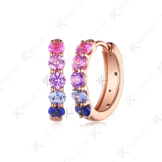 Kuololit 1CTW Rainbow Lab Grown Sapphire Hoop Earrings for Women Solid 18K 14K 10K 585 Rose Gold Clip Earring for Christmas Gift
