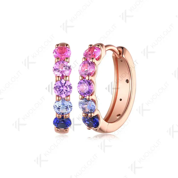 Kuololit 1CTW Rainbow Lab Grown Sapphire Hoop Earrings for Women Solid 18K 14K 10K 585 Rose Gold Clip Earring for Christmas Gift