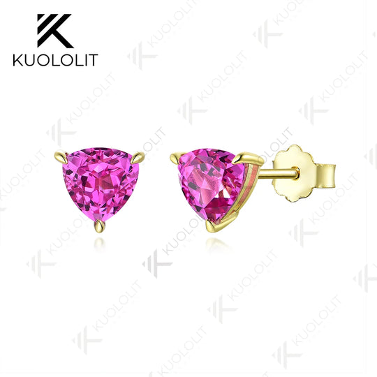Kuololit 2.4CTW Lab Grown Padparadscha Gemstone Earrings for Women Pure 18K 14K 10K Gold Stub Trillyon Earrings for Anniversary