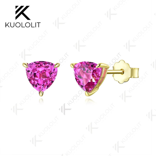 Kuololit 2.4CTW Lab Grown Padparadscha Gemstone Earrings for Women Pure 18K 14K 10K Gold Stub Trillyon Earrings for Anniversary