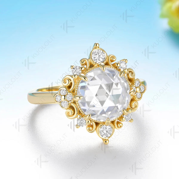Kuololit 3CT Rose Moissanite Custom Set Ring for Women Solid 14K 10K 585 Yellow Gold Engagement Ring for Christmas Gifts Party
