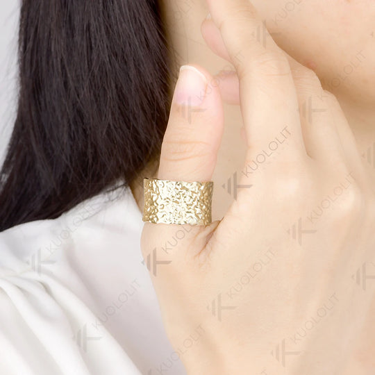 Kuololit 15mm Width Hammered Custom Ring for Men Women Solid10K Yellow Gold Handmade Ring for Anniversary Christmas Gifts Party
