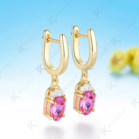 Kuololit 3CTW Lab Grown Pink Sapphire Custom Stud Earrings for Women Solid 14K 10K 585 Yellow Gold Oval Cut for Christmas Gifts