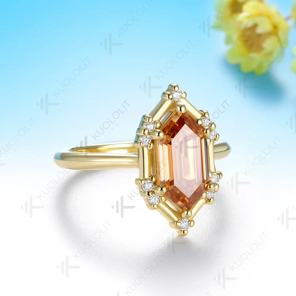 Kuololit 2.5CT Champagne Moissanite Elongate Hexagon Cut Custom Ring for Women Solid 14K 10K 585 Yellow Gold for Christmas Gifts
