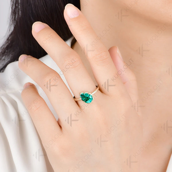 Kuololit 2CT Lab Grown Emerald Custom Ring for Women Men Solid 14K 10K Yellow Gold Pear for Anniversary Christmas Wedding Gifts