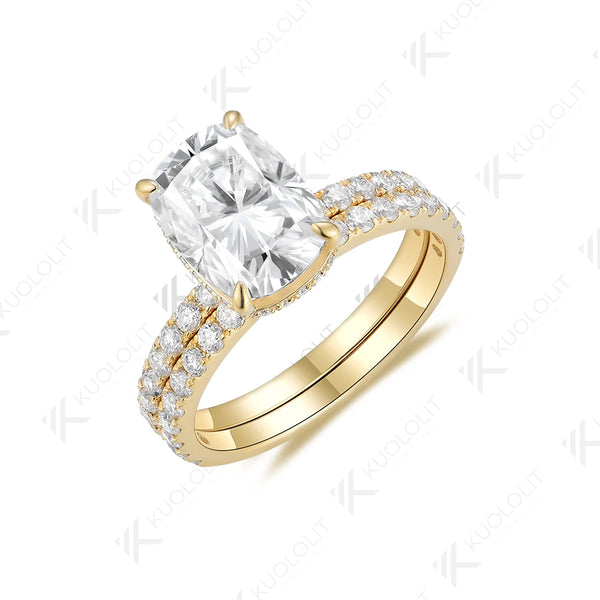 Kuololit Enlonged Cushion Cut  Moissanite Set Ring for Women Solid 18K 14K 10K 585 Yellow Gold Band for Engagement Wedding Christmas Party