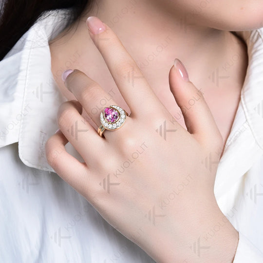 Kuololit 2.2CT Lab Grown Pink Sapphire Set Ring for Women Solid 14K 10K Yellow Gold Ring for Anniversary Christmas Gift Custom