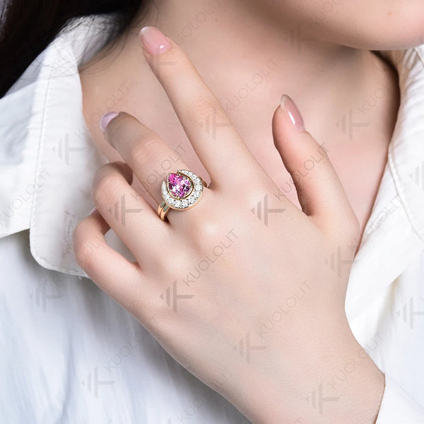 Kuololit 2.2CT Lab Grown Pink Sapphire Set Ring for Women Solid 14K 10K Yellow Gold Ring for Anniversary Christmas Gift Custom