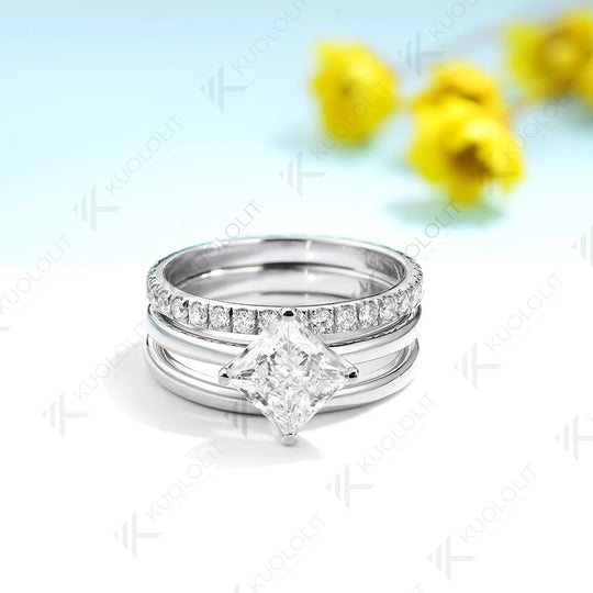 Kuololit 1.0CT Princess Moissanite Engagement Ring for Women Solid 18K 14K 10K 585 White Gold 2 Bands Ring for Christmas Gifts