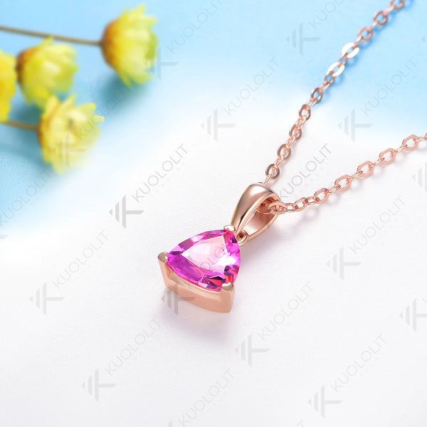 Kuololit 1.2CT Lab Pink Sapphire Engagement Necklace for Women Solid 18K 14K 585 Rose Gold  for Christmas Gifts Jewelry