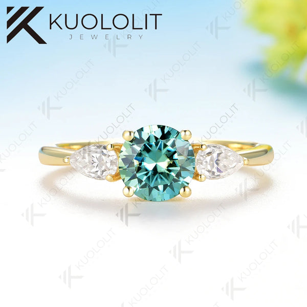 Kuololit 1CT Round Cyan Moissanite Engagement Ring for Women Solid 14K 10K 585 Yellow Gold Ring for Christmas Gifts Party