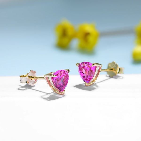 Kuololit 2.4CTW Lab Grown Padparadscha Gemstone Earrings for Women Pure 18K 14K 10K Gold Stub Trillyon Earrings for Anniversary