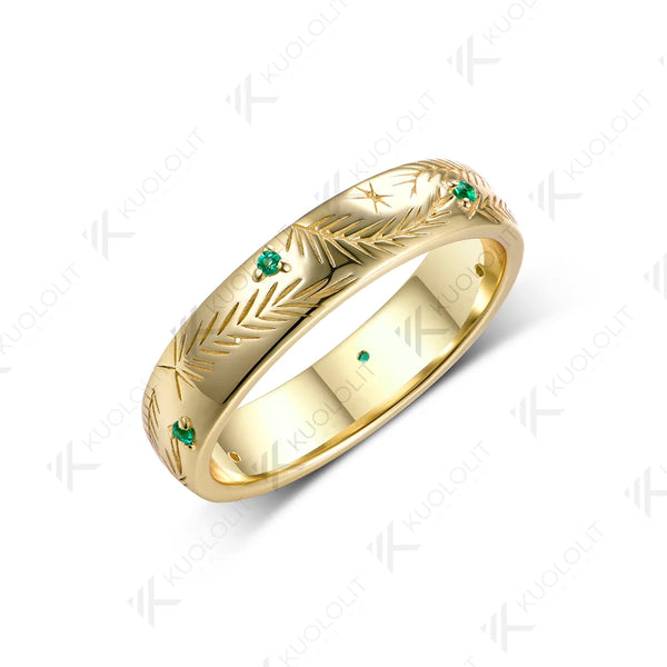 Kuololit 0.1CTW Lab Grown Emerald Band Custom Ring for Women Solid 14K 10K 585 Yellow Gold Leaf Ring for Christmas Gifts Party