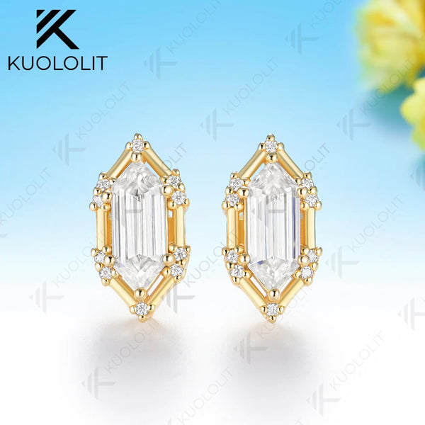 Kuololit 3CT Elongate Hexagon White Champagne Moissanite Custom Stud Earrings for Women Solid 14K 10K 585 Yellow Gold for Christmas Gifts Party