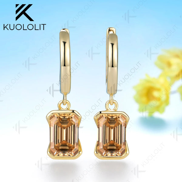 Kuololit 5CTW Champagne Moissanite Clip Earring for Women Solid 14K 10K Yellow Gold Emerald Cut Earring for Christmas Gift Party