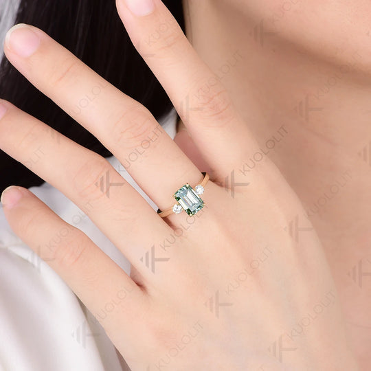 Kuololit 2.5CT Emerald Cut Cyan Moissanite Engagement Ring for Women Solid 18K 14K 10K White Gold Ring for Engagement Christmas