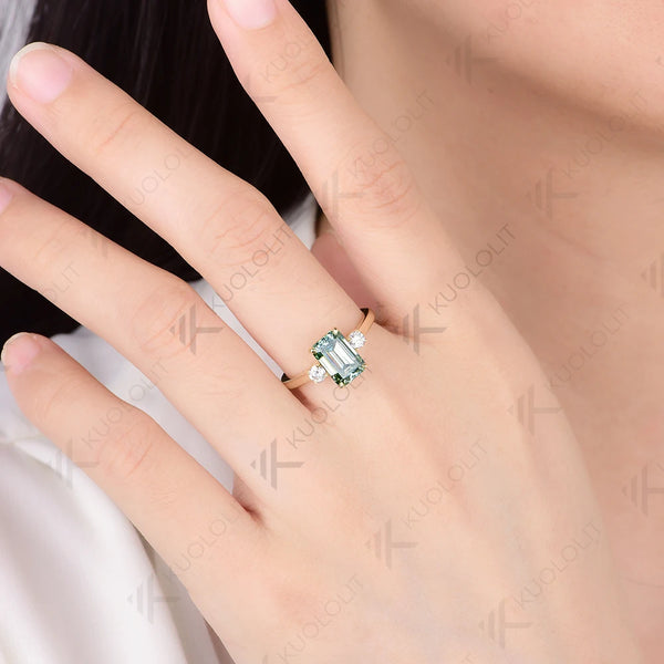 Kuololit 2.5CT Emerald Cut Cyan Moissanite Engagement Ring for Women Solid 18K 14K 10K White Gold Ring for Engagement Christmas