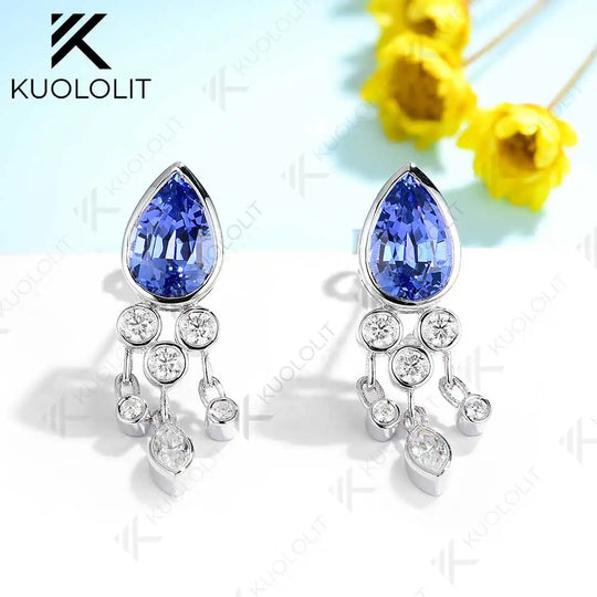 Kuololit 3CTW Lab Grown Blue Sapphire with Moissanite Stud Earrings for Women Solid 14K 10K 585 Gold Pear Earrings for Christmas