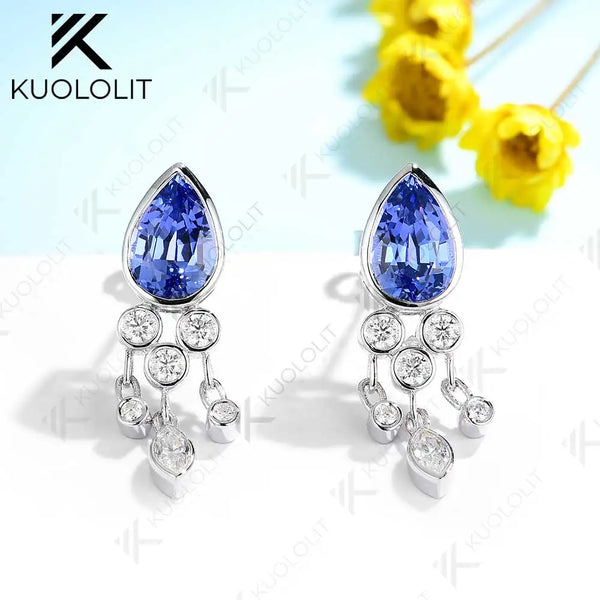 Kuololit 3CTW Lab Grown Blue Sapphire with Moissanite Stud Earrings for Women Solid 14K 10K 585 Gold Pear Earrings for Christmas