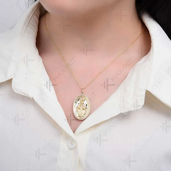 Kuololit 0.34CTW Moissanite Jesus Necklace for Women Solid 10K 14K 18K Yellow Gold Pendant Necklace for Christmas Gifts Party