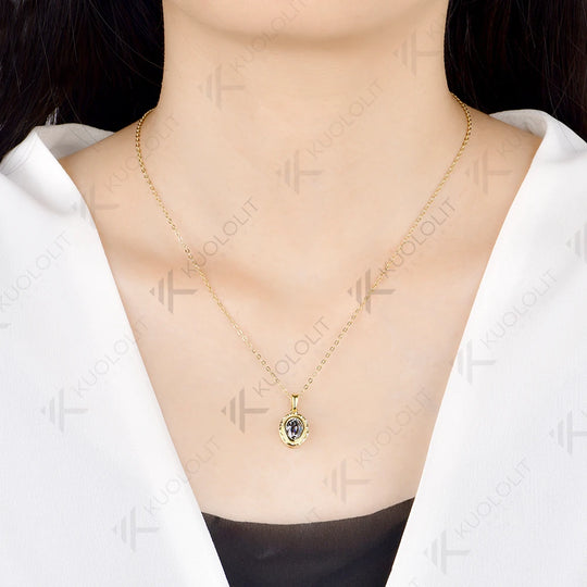 Kuololit 1.5CT OMC Grey Moissanite Necklace for Women Solid 14K 10K Yellow Gold Oval Cut Necklace for Engagement Christmas Gift