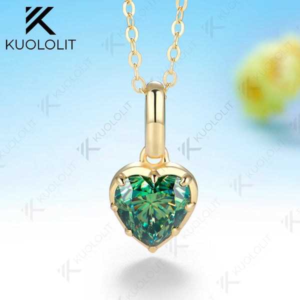 Kuololit 2CT Heart Cut Cyan Moissanite Necklace for Women Solid 585 14K 10K Yellow Gold  Necklace for Christmas Gifts Party