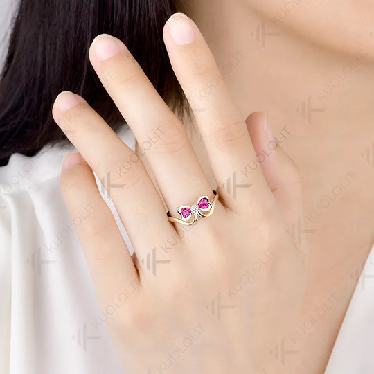 Kuololit 0.7CTW Lab Pink Sapphire Diamonds Heart Custom Ring for Women Solid 14K 10K 585 Yellow Gold for Christmas Gifts Party