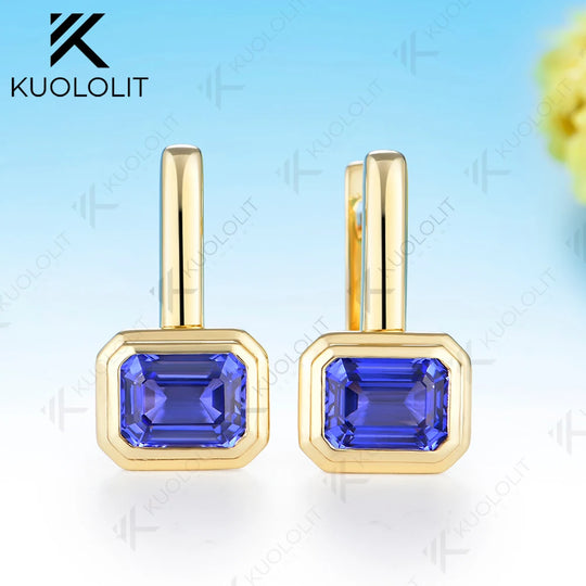 Kuololit 4CTW  Lab Grown Blue Sapphire Earrings for Women Solid 14K 10K Yellow Gold Hoop Clip Earrings for Christmas Gifts Party
