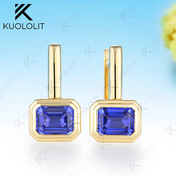 Kuololit 4CTW  Lab Grown Blue Sapphire Earrings for Women Solid 14K 10K Yellow Gold Hoop Clip Earrings for Christmas Gifts Party