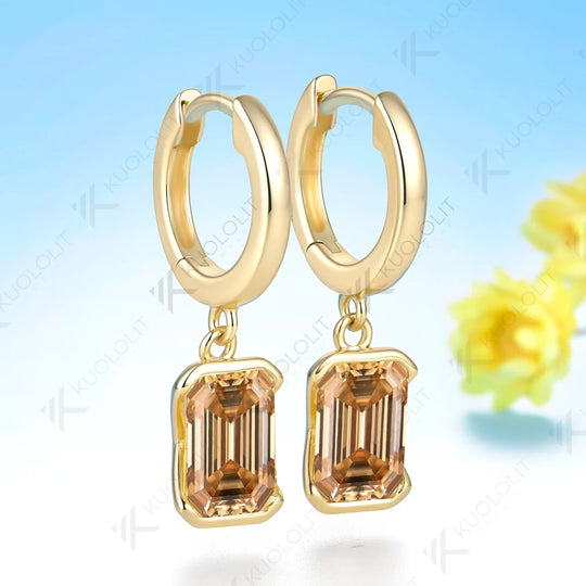 Kuololit 5CTW Champagne Moissanite Clip Earring for Women Solid 14K 10K Yellow Gold Emerald Cut Earring for Christmas Gift Party