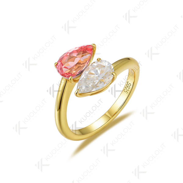 Kuololit 1.5CT Padparadscha Moissanite Engagement Ring for Women Solid 14K 10K 585 Yellow Gold Two Gemstone Ring for Christmas