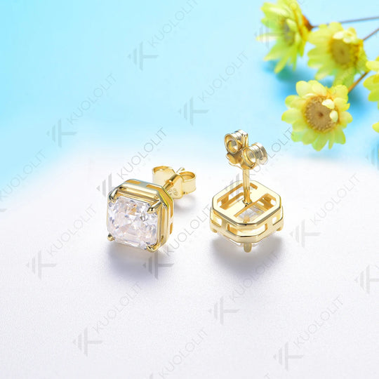 Kuololit 3CTW Asscher Cut Moissanite Earrings for Women Solid 18K 14K 10K Gold Stub Earrings for Anniversary Engagement Gifts