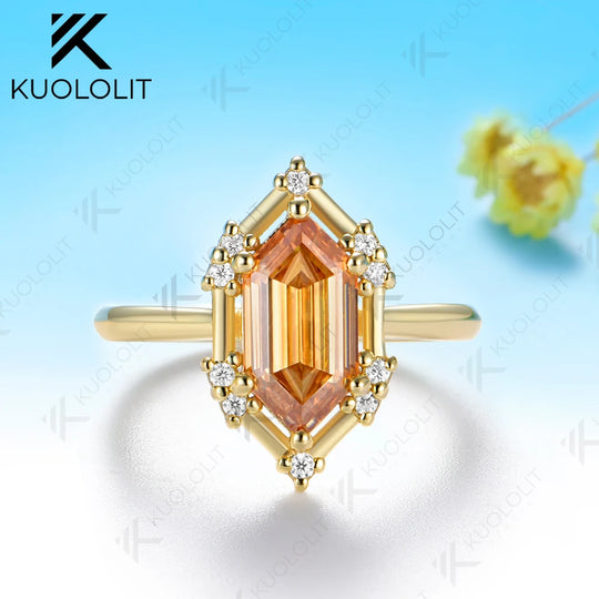 Kuololit 2.5CT Champagne Moissanite Elongate Hexagon Cut Custom Ring for Women Solid 14K 10K 585 Yellow Gold for Christmas Gifts