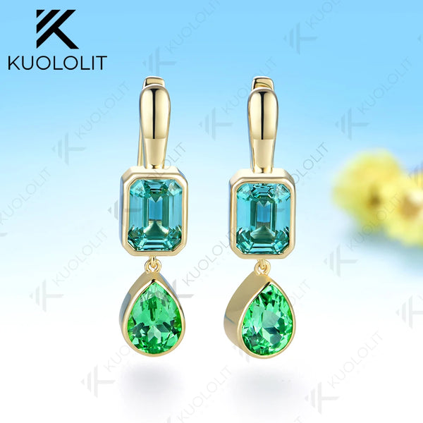 Kuololit 7CTW Mint Green Sapphire Paraiba Custom Earrings for Women Solid 14K 10K 585 Yellow Gold Earrings for Christmas Gifts