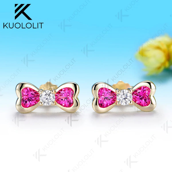 Kuololit 1.4CTW Lab Pink Sapphire Diamonds Heart Custom Earrings for Women Solid14K 10K 585 Yellow Gold for Christmas Gift Party