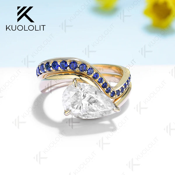 Kuololit 3CT Moissanite Engagement Ring for Women Solid 14K 10K 585 Yellow Gold Lab Blue Sapphire Pear Set Ring for Christmas